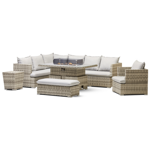 Buxton Rattan Corner Dining Set With Fire Pit & Ice Bucket