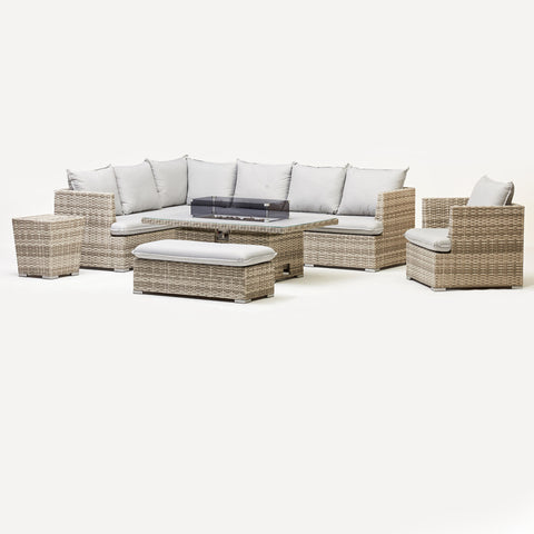 Buxton Rattan Corner Dining Set With Fire Pit & Ice Bucket